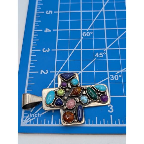 Vintage Desert Rose Trading 925 Sterling Silver Multi Gemstone Cross Pendant 32g - Picture 4 of 6